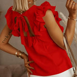 Fashion New Women Loose O Neck Ruffled Short Sleeves Tops Casual Solid Color Elegant Office Lady Slim Pullover
