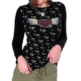 Fairy Grunge Heart Wings Print Top Graphic Tee Vintage Cyber Y2k Aesthetic Clothes Brown Long Sleeve T