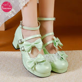 Lolita Shoes Women Platform Round with Cross Straps Bow Cute Girls Princess Tea Party Shoes Students Lovely Pumps Size