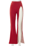 Y2K Flare Pants Patchwork Sexy See Through Gauze Women High Waist 2021 Fall Red Fitness Casual Elastic Pantalones