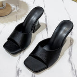 Breakj High Heel Slippers Female Summer Square Head Solid Color A Word Wear Fashion Versatile Ladies Large Size