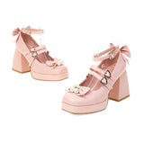Women Mary Jane Chunky Block Heel Platform Pump Shoes Bute Bow Apeal Ankle Straps Square Toe Goth Heels Pu Leather Dress