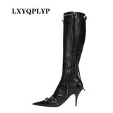 Fashion Luxury Pointed Toe Stiletto Women's Shoes Retro Metal Buckle Zipper Knee High Boots Slim Tassel Boots Women Size