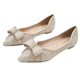 Woman Bowknot Shoes Glitter Sequin Flats Crystal Ballerina Chaussure Femme Pointy Toe Loafers Ladies Office Dress