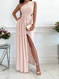 Ladies Fashion Oblique Shoulder Hollow Out Waist Irregular Party Dress Sexy Off Shoulder Slit Dress Summer Casual Holiday