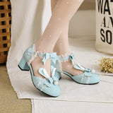Fashion Rabbit Ear Women High Heels Bow Round Toe Pumps Leather Summer Lolita Sweet Shoes Open Side with Plush Ball Lace