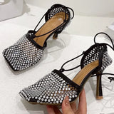 style Crystal Mesh Women pumps Sexy Ankle strap Square toe High heels Female Sandals Spring Summer Hollow Party Dress