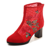 Breakj Boots Ankle Boots Embroidered Cloth Shoes Spring High Heels Velvet Canvas Thick Heel Plus Size Short Leg