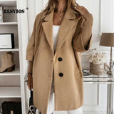 Solid Color Lapel Thick Coat Fall Winter Fashion Mid-length Buttons Cardigan Coat Elegant Office Lady Warm New Loose