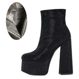 Leather Rhinestone Platform Ankle Bootswoman Shoes High Heels Sexy Super High Heel Round Toe Zip Boots Black