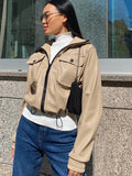 PU Women Pocket Jacket Drawstring Crop Coats Long Sleeve Green Zipper Harajuku Fashion Leather Punk Autumn Jacket