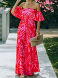 Women Elegant Floral Print Short Sleeve High Waist Beach Dress Summer Party Dress Sexy Slanted Shoulder Slit Holiday Long