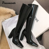 style Women motorcyle boots Fashion Square toe Knee high boots Autumn Winter Warm patent leather High heels boots
