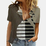 Women Elegant Office Simple Turn-down Collar Cartoon Print Casual Shirt Fashion Summer Short Sleeves Button Cardigan