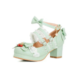 Women Fashion Sweet Bownot Lolita Shoes Block Heels Strawberry Ankle Strap Platform Lace Men Maid Mary Jane Pumps Big Size