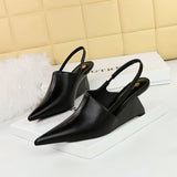 Breakj Retro Fashion High Heel Wedge Deep Head Shoes Hollow Out Back Trip Belt Sandals High Heels Women's
