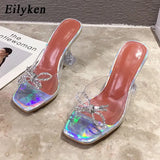 PVC Transparent Crystal Sun Flowers Buckle Womens Slippers Summer Square Toe Ladies Strange High Heels Sandals