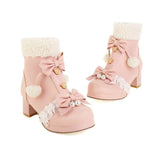 Women Winter Snow Warm Lambswool Fur Plush Lining PU Leather Ankle Boots Pearl Bowknot Anime Cosplay Girls Lolita Platform