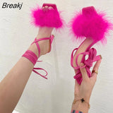 New Black Women Sandals Sexy Open Toe Furry Fur Summer High-Heeled Sandals Ladies
