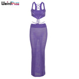 Puss Elegant Party Knit 2-Piece Set Women Skinny Irregular Camisole+Lace Up Low Waist Skirts See Through Matching