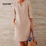 Winter Autumn Button Cotton Linen Dress women Elegant O-Neck Knee length Long Sleeve Pocket Solid Dress Plus Size