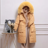 Winter Artificial Fur Hooded Long Jacket 90% White Duck Down Coat Big Pocket Parkas Loose Warm Jackets Yellow Snow