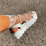 Women's Shoes 2023 New Summer Tie Flat Net Red Tide Pure Color Muffin Thick Soles Large Roman