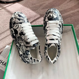 New Thick-soled Increased Women's Sports Shoes Women Casual PU Leather Hand-painted Graffiti White Shoes Outdoor