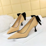 Breakj Korean Version Of Sweet High Heels Women's Shoes With High Heel Suede Shallow Pointed Head Of Color Bow Single