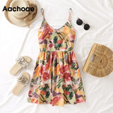 2021 Summer Sexy Floral Print Beach Party Dress Sleeveless Backless Boho Mini Pleated Dress Women Sukienki