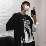Harajuku T-shirt Women Fake 2 Pieces Print Japanese Fujiang Horror Comics Long Sleeve Shirt Women Vetement Femme