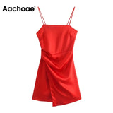 Women 2021 Summer Women Red Color A Line Mini Dress Sexy Spaghetti Strap Party Dress Female Sleeveless Backless
