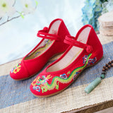 Breakj Dragon] Retro Embroidery Dragon Grain Shallow Mouth Plate Buckle Low Heel Canvas Embroidered Cloth Shoes Women's Single