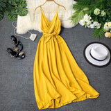 Maldives Holiday Dress Sexy Backless Straps V-neck Dress Women Solid Color Thai Seaside Maxi Long Big Swing Fairy