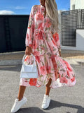 2022 Women's Dress New V-Neck Long Sleeve Elegant Casual Dress Office Fashion Floral Print Lace-Up Slim Waist Large Swing