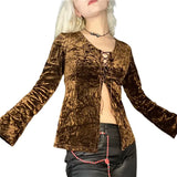 Khaki Vintage Print V Neck Flare Long Sleeve Y2K Tops Cute E Girl Fairy Grunge Aesthetic Graphic T Shirts for