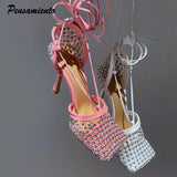 style Crystal Mesh Women pumps Sexy Ankle strap Square toe High heels Female Sandals Spring Summer Hollow Party Dress