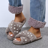 2024 New Flat-Bottomed Pearl Cross Wool Slippers Woman Candy Colored Cotton Slippers