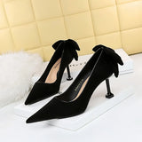 Breakj Korean Version Of Sweet High Heels Women's Shoes With High Heel Suede Shallow Pointed Head Of Color Bow Single