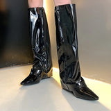 Knee High Boots Luxury Brand Designer Patent Leather Zipper Wedges Pointed Toe High Heels Winter Fashion Soft Warm