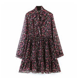 Women's Floral Dress Bow Tie Neck Vintage Pleated Dress See Through Sleeve Print Mini Dress Casual Sundress