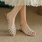 Women's Sandals 2023 Summer Shoes Pu Leather Narrow Straps Gladiator Beach Sandals Hollow Peep Toe Casual Flat