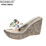2020 Women Transparent Clear Crystal Sequins Platform Wedge Thick Sole Sandals High Heels Mules Slides Summer Beach