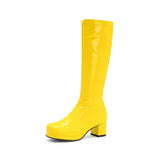Autumn Winter Patent Leather Boots Fashion Long Shoes Round Toe Platform Thick Heel Ladies Party Wear Green Yellow Lavender