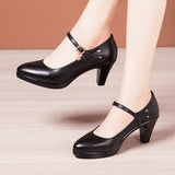 Model Catwalk High Heels, Pointed Black Professional Work Shoes, Large Size One-Word Buckle Soft Leather