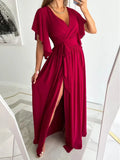 2022 Elegant Solid Flared Sleeve High Waist Long Dress Solid Color V-Neck Office Laddy Dress Summer Sexy Split Drape Dress