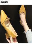 for Woman 2023 Pointed Toe Women's Summer Footwear Square Heels with Medium Green Office Slip on Korean Style Trend 39