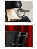 2022 Womens Pointed The Knee Boots Cut Out Rhinestones Square Circle Buckle High Heel Shoes Real Leather Black High
