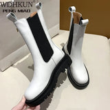 Women Botas Square Toe Platform Thick Heel Mid-Calf Boots Woman Fashion Slip-on Chelsea Booties Autumn Winter