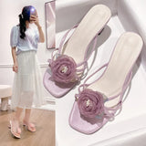 Women Flower Slippers High Heels Dress Sandals Shoes Summer New 2024 Fashion Beach Flip Flops Walking Pumps Outdoor